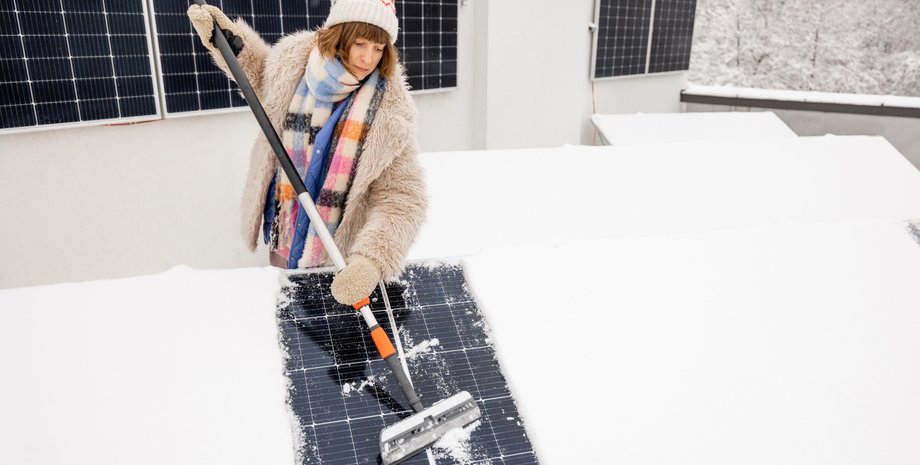 Женщина чистит солнечные панели от снега